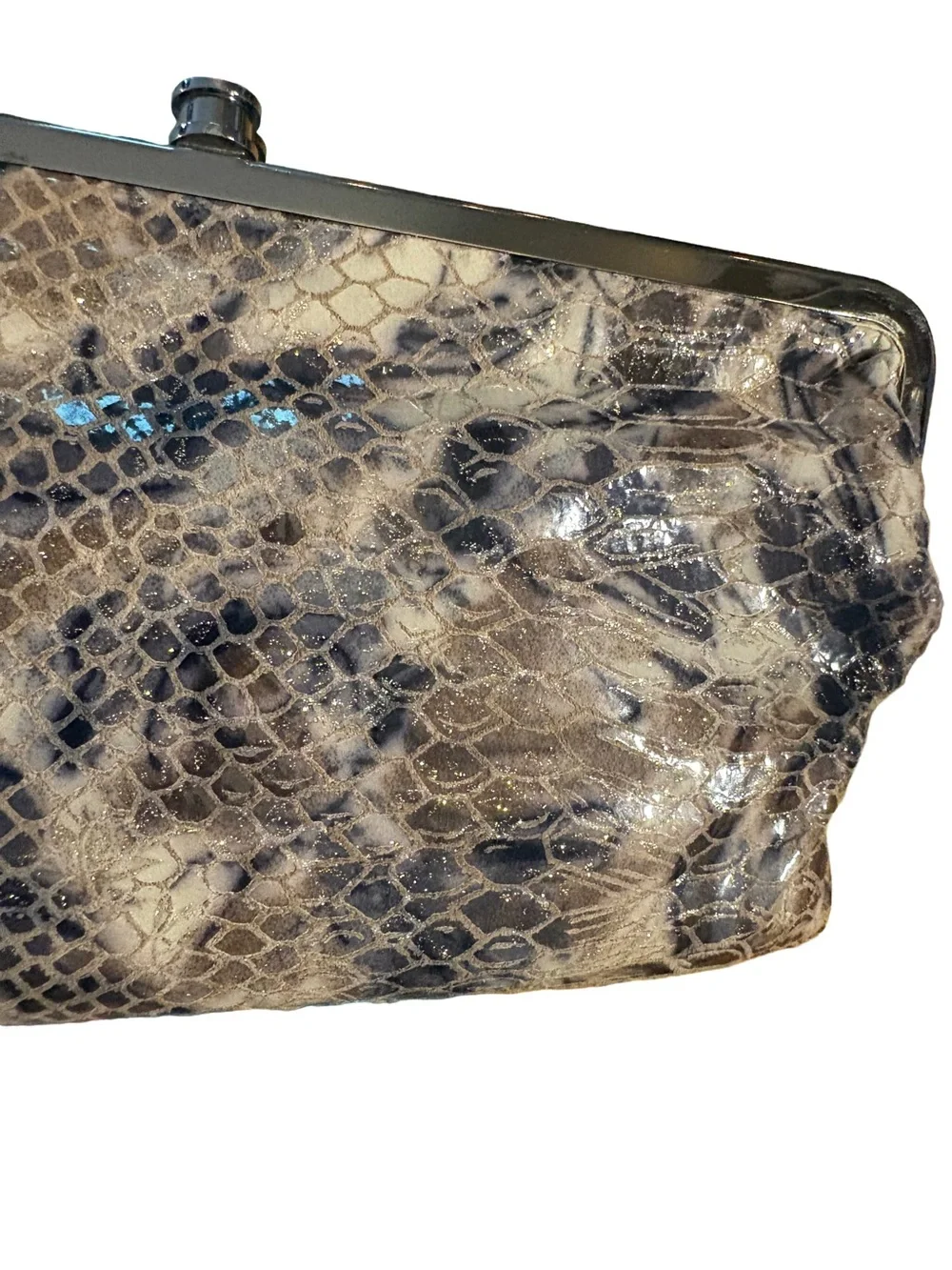 HOBO Snake-Print Patent Leather Clutch in Beige and Taupe